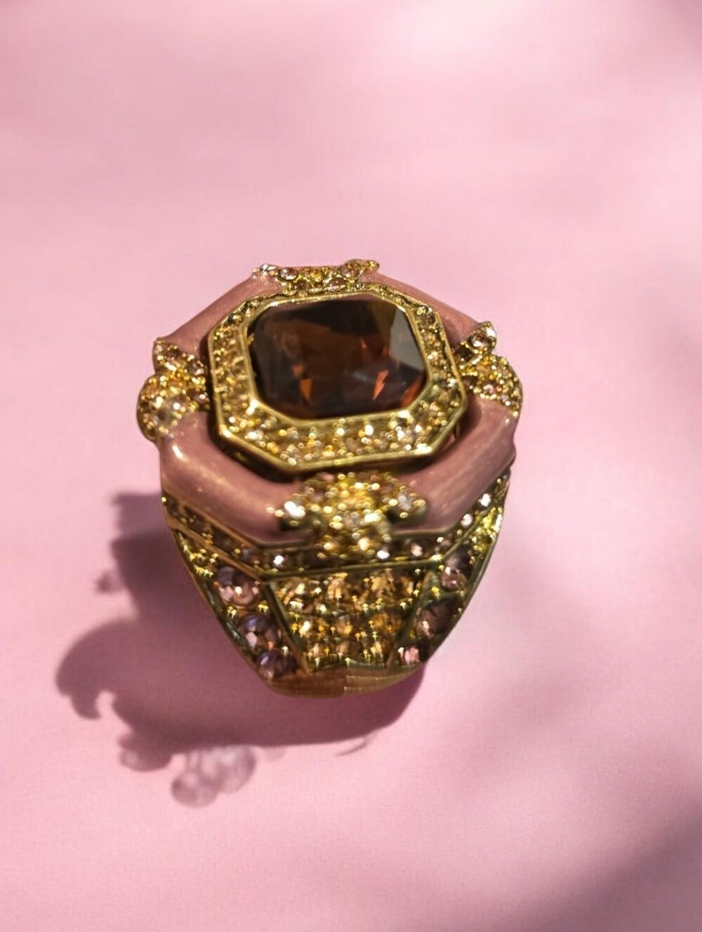 Heidi Daus Gold-Tone Pink Enamel Ring with Amber Center